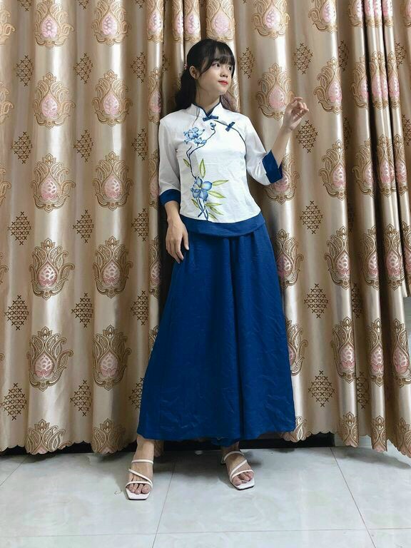 Cổ Tàu xéo phối 2 màu 054 (xanh dương)